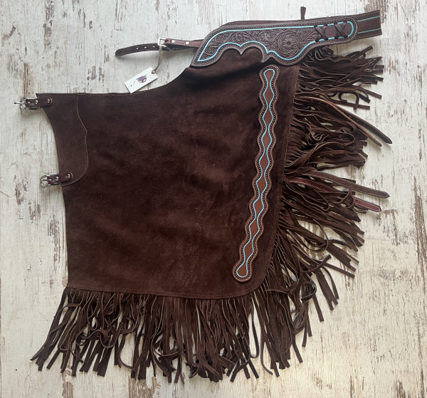 Chinks braun Wildleder mit farbigen Piping türkis